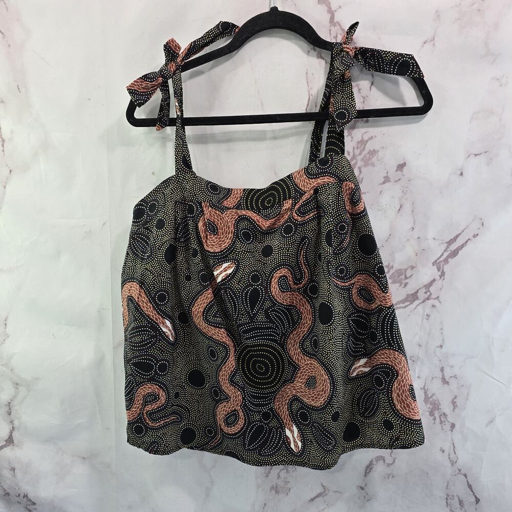 Anthropologie Top Womens Medium Black Tank Tie Shoulder Snake Ibiza Southwestern